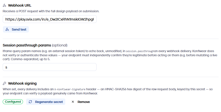 Konfiwear settings showing the Webhook URL, Session passthrough params, and Webhook signing sections with a configured secret