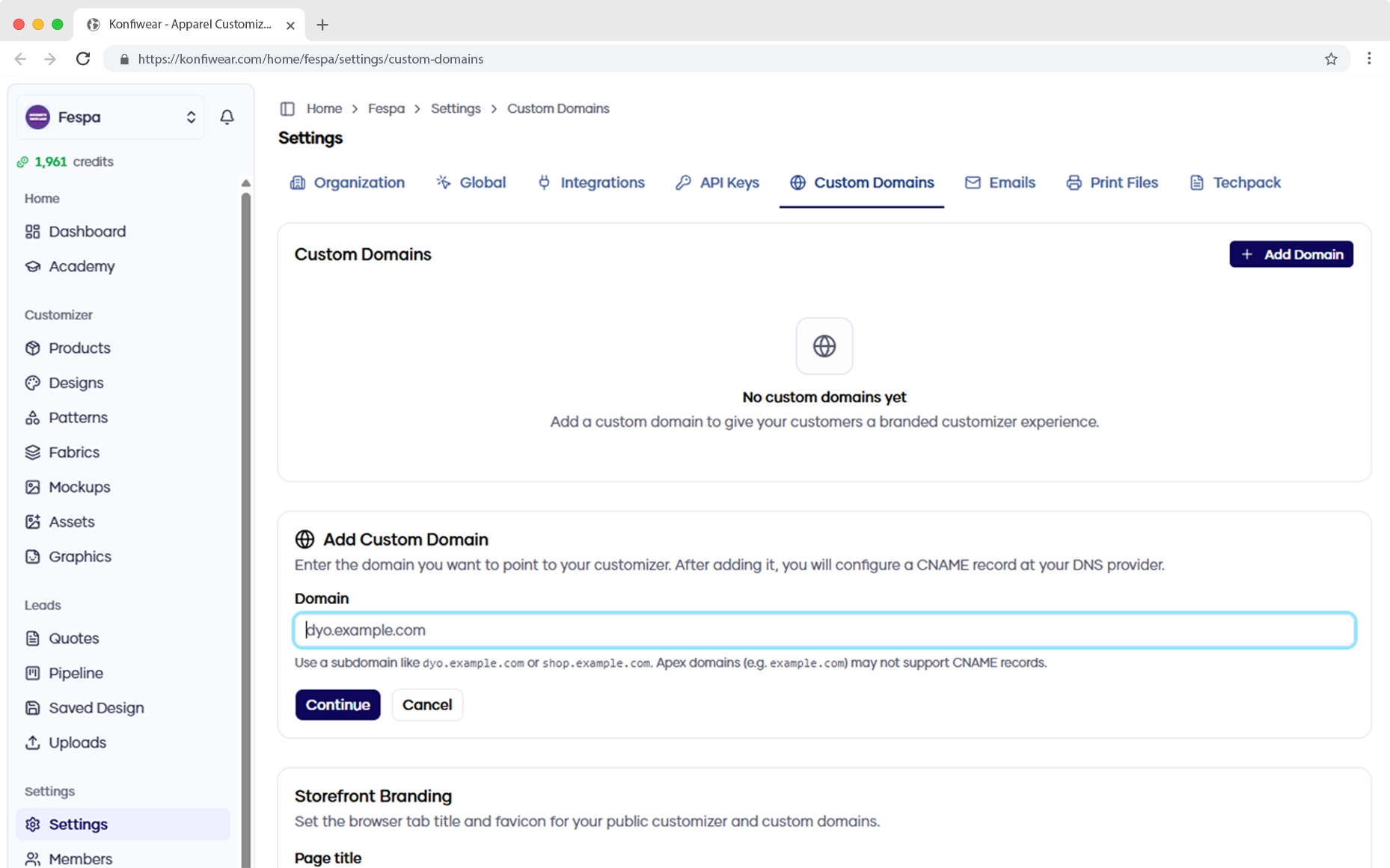 Product customizer running on a brand's own custom domain