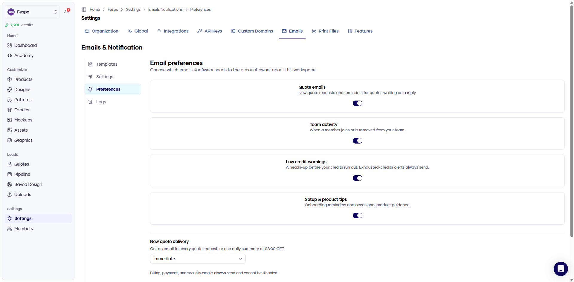 Email notification preferences in account settings