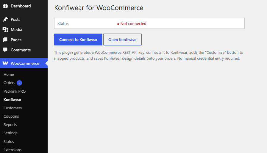 Konfiwear for WooCommerce plugin connection screen
