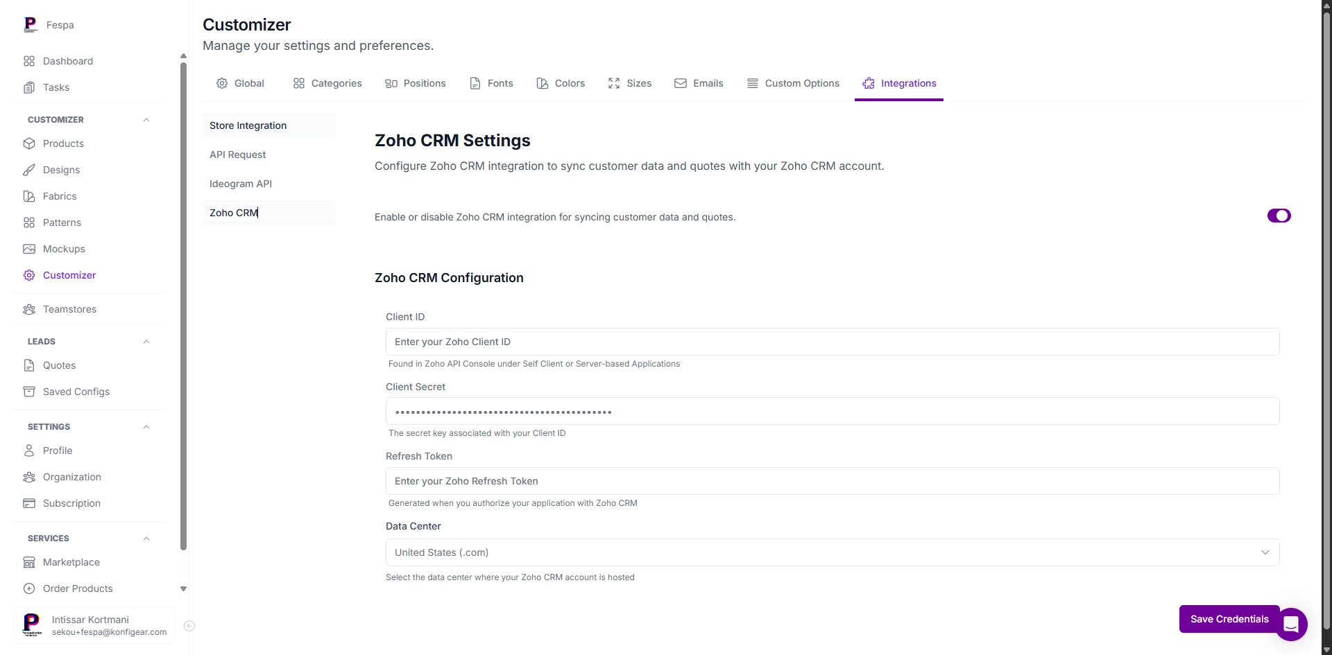 Konfiwear Zoho CRM configuration settings